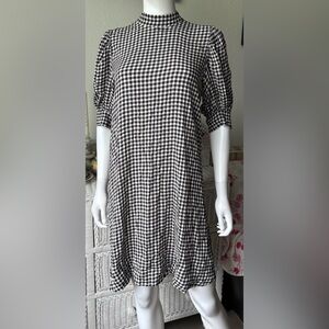Ganni Gingham Oversized Dress Puff Sleeves in Black & White EU Size 34 = US 2